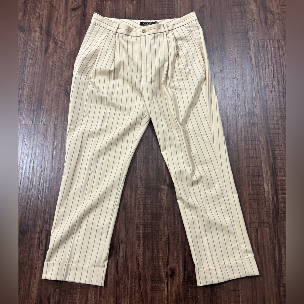 Ralph Lauren Women's Ivory & Blue Pinstripe Linen-Blend Wide Leg Trousers